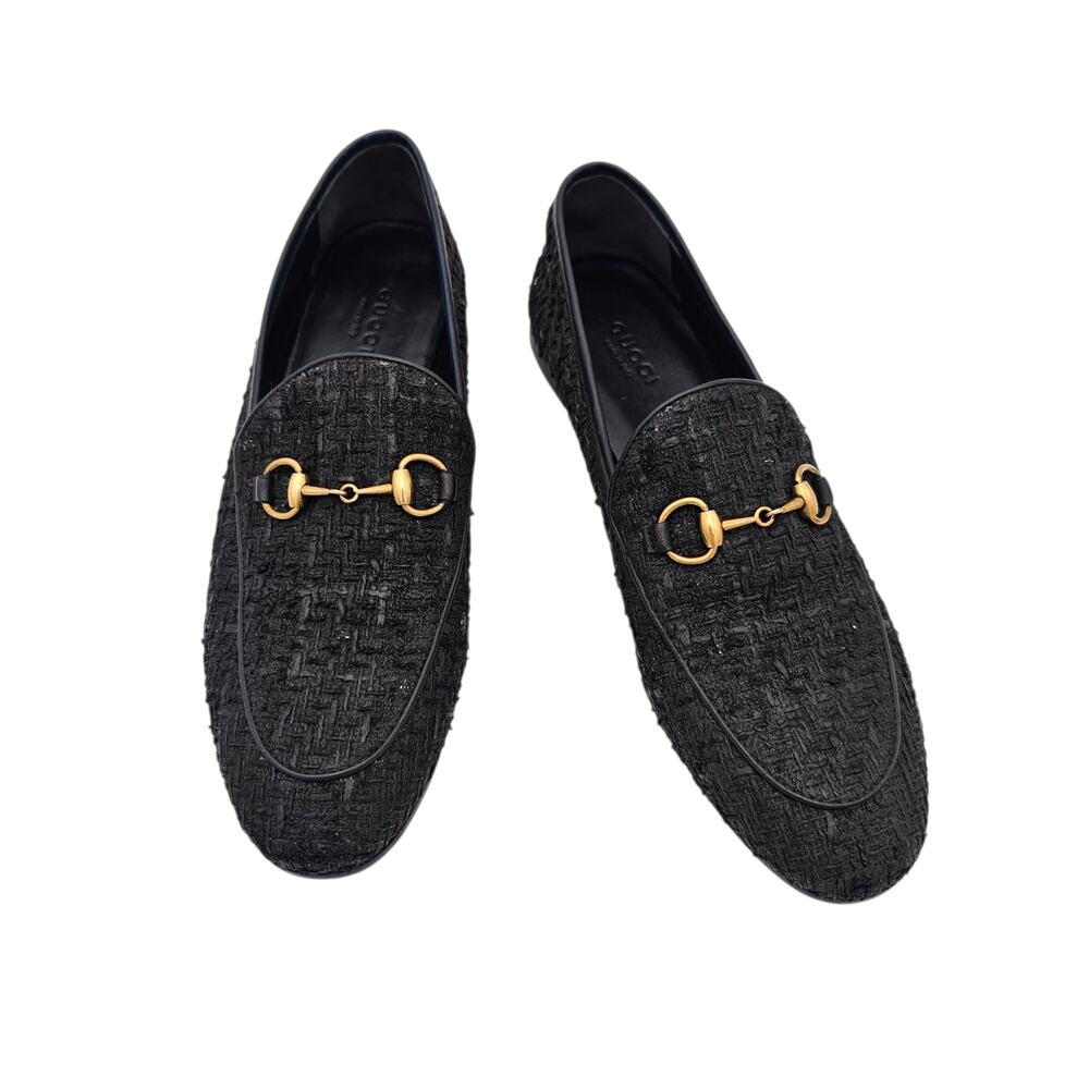 Gucci Jordaan Horsebit Flat Loafer Black Tweed Gold Slip On Size 37.5 US 7.5